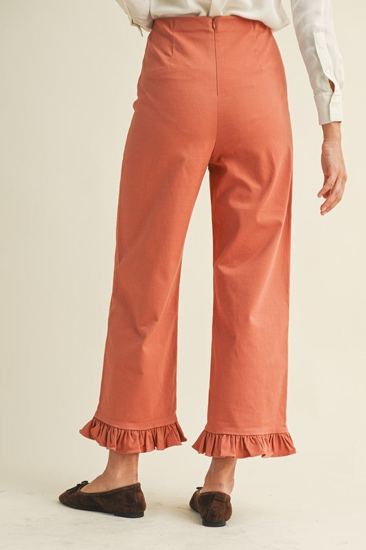 Terracotta Ruffle Hem Twill Pants