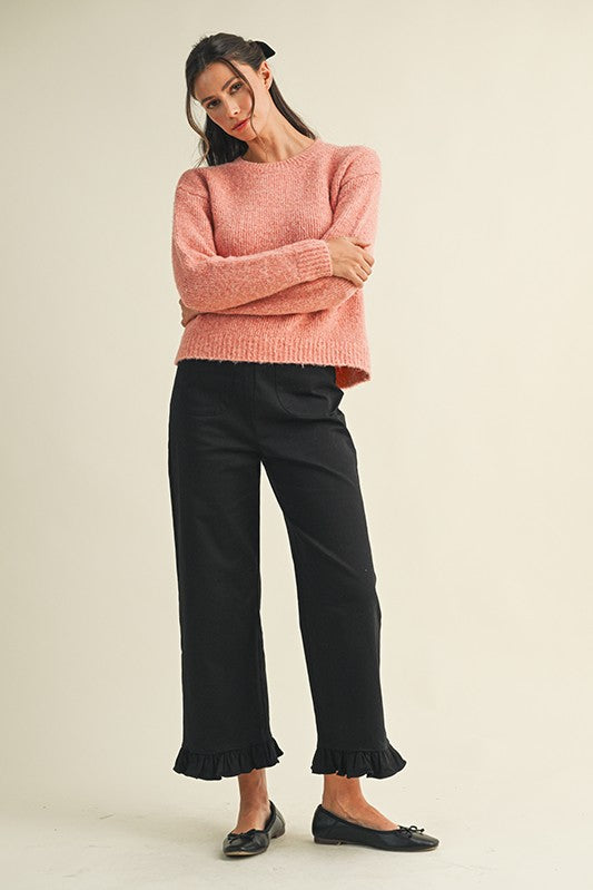 Black Ruffle Hem Twill Pants