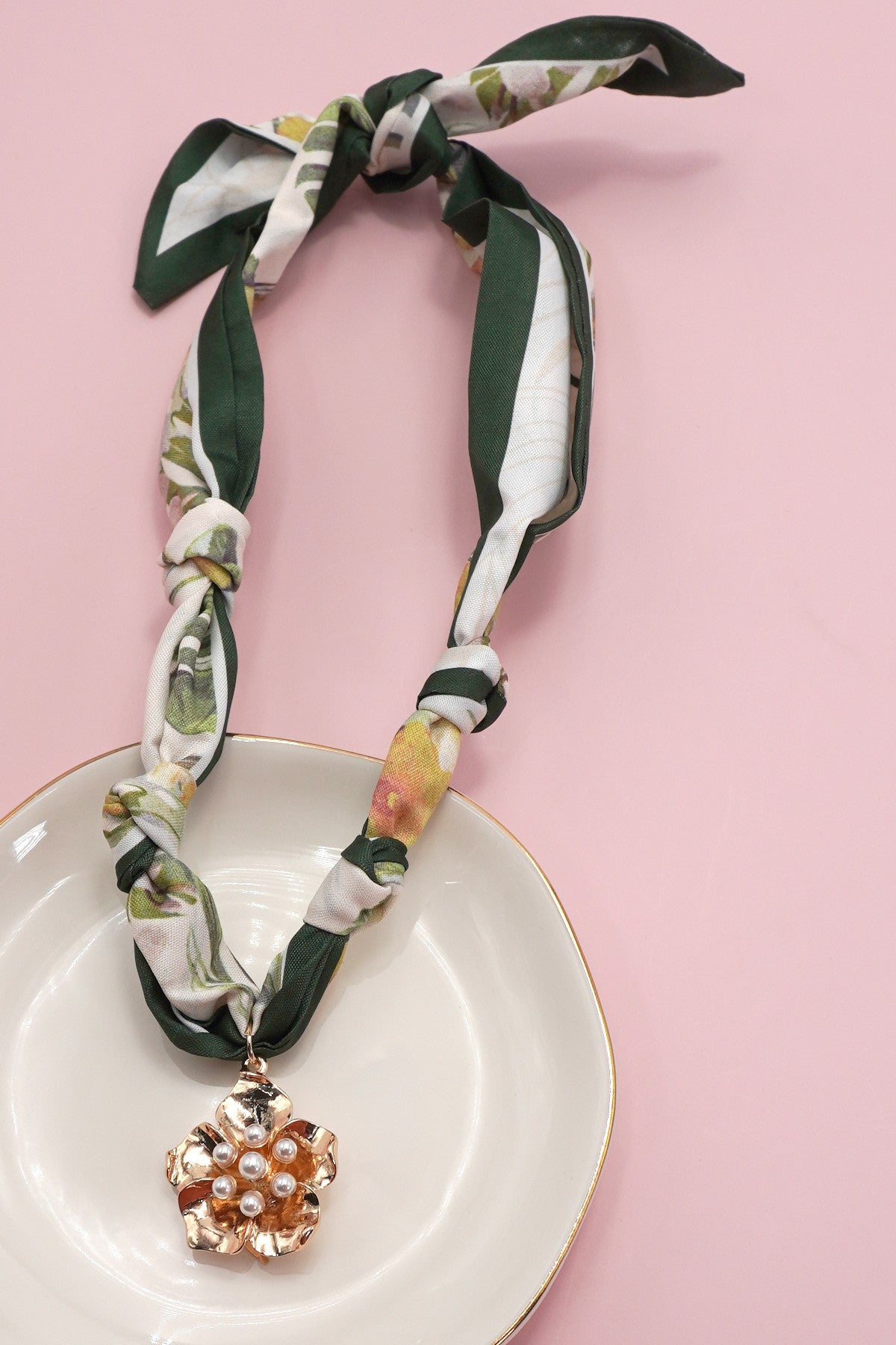 Forest Green Floral Scarf Necklace