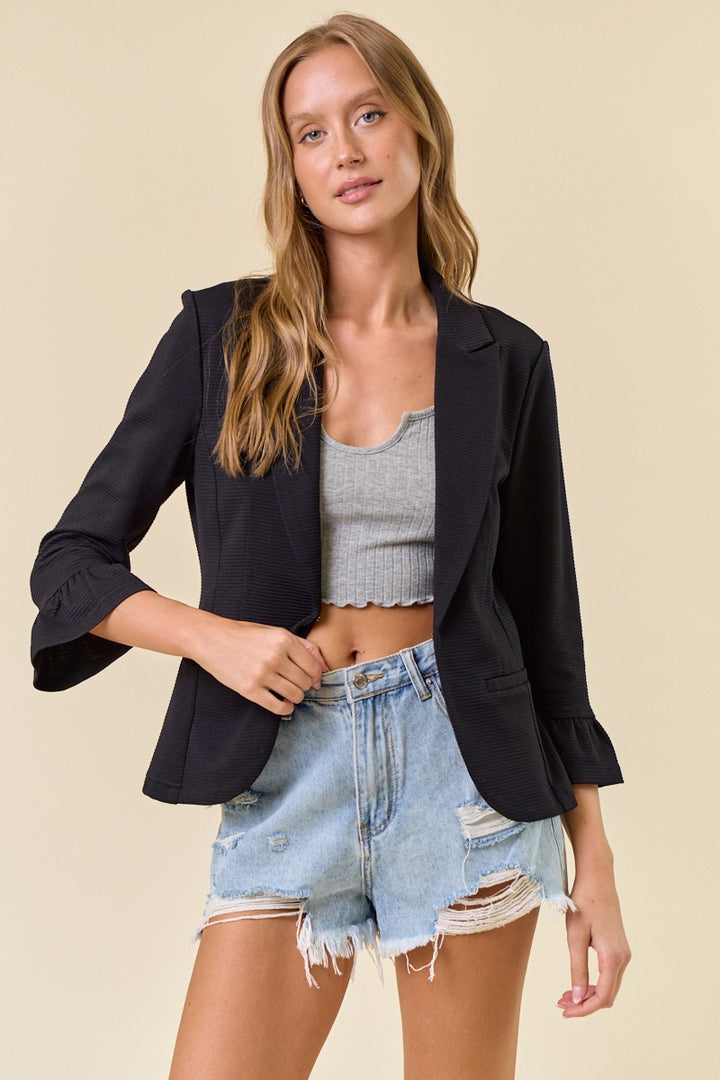 Black Ruffle Sleeve Solid Blazer