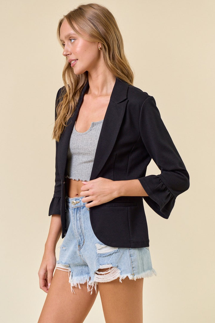 Black Ruffle Sleeve Solid Blazer