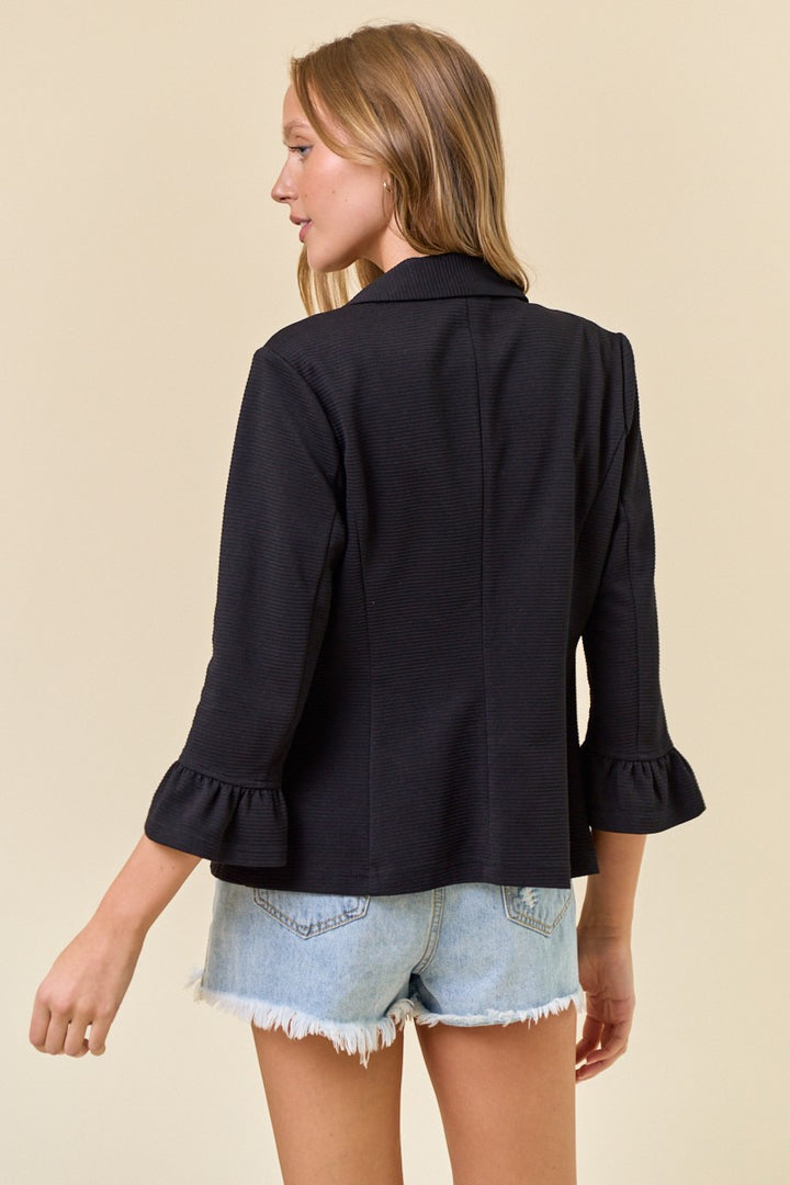 Black Ruffle Sleeve Solid Blazer
