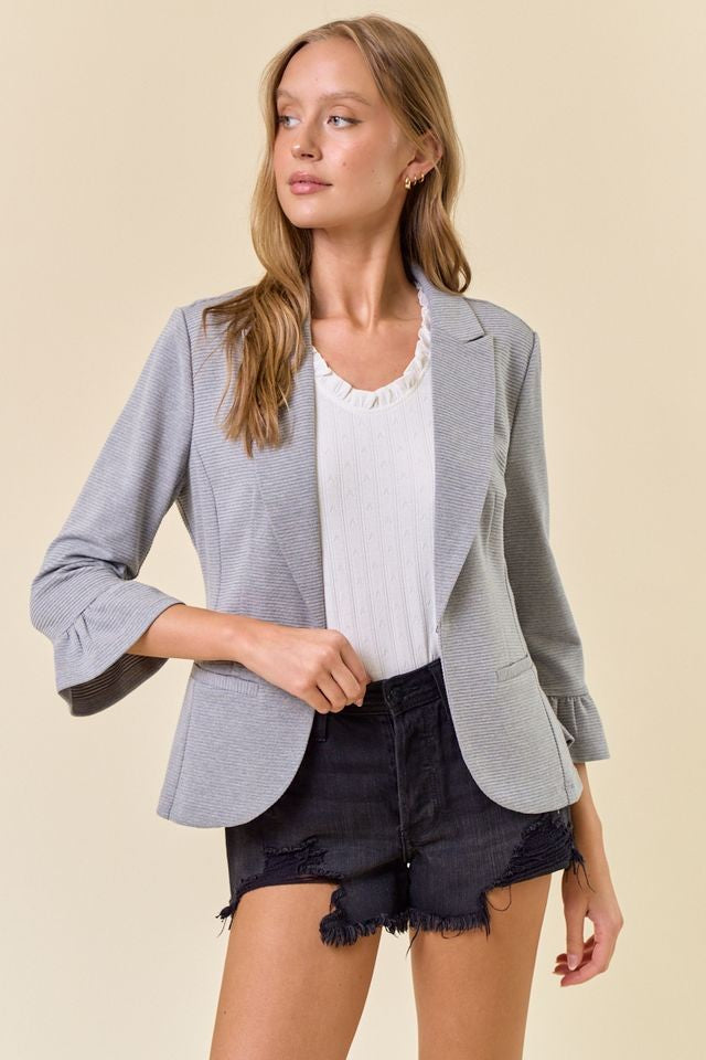 Light Grey Ruffle Sleeve Solid Blazer