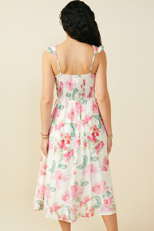 Pink Floral Pleated Midi Dress