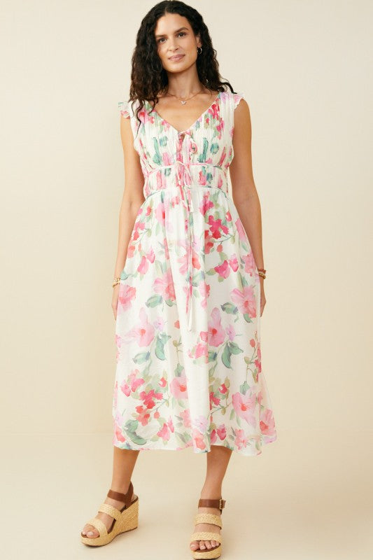 Pink Floral Pleated Midi Dress