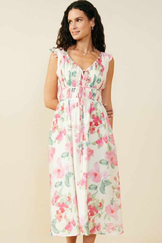 Pink Floral Pleated Midi Dress