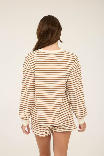 Brown Stripe Henley Long Sleeve Top