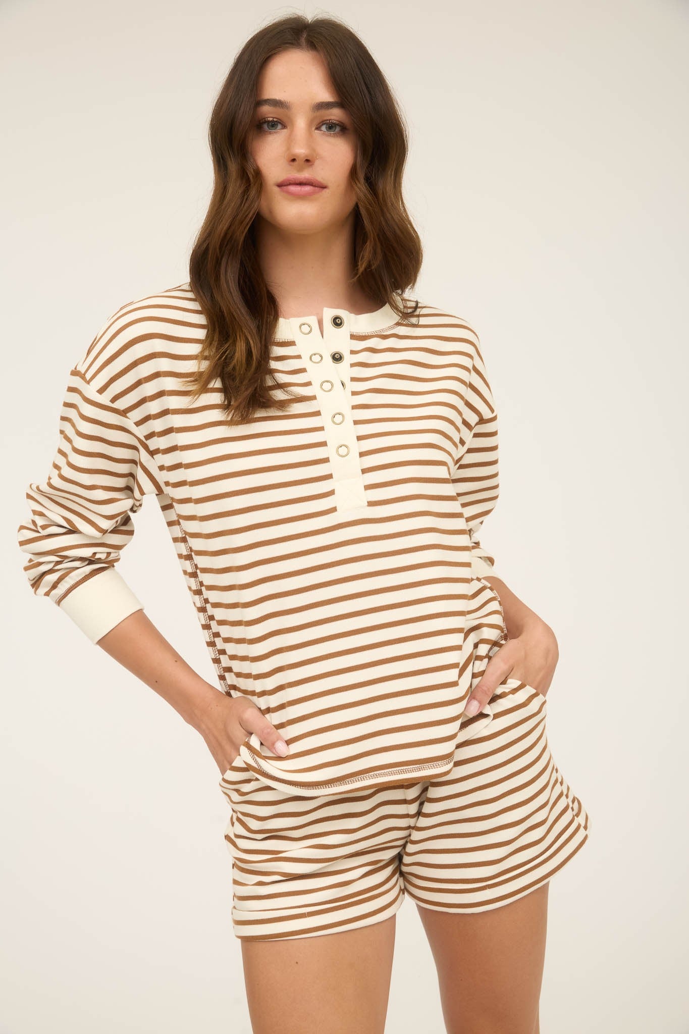 Brown Stripe Henley Long Sleeve Top