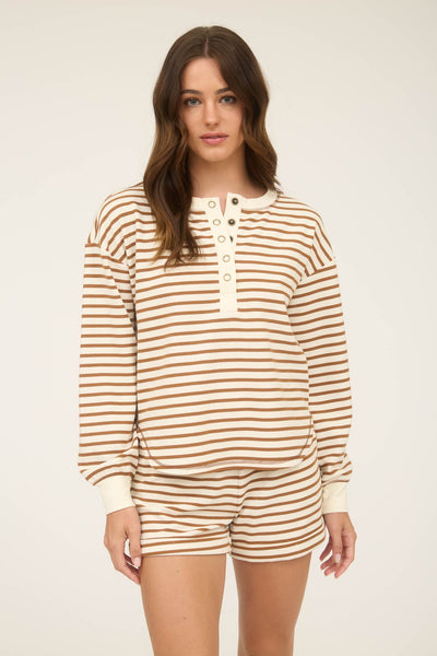 Brown Stripe Henley Long Sleeve Top