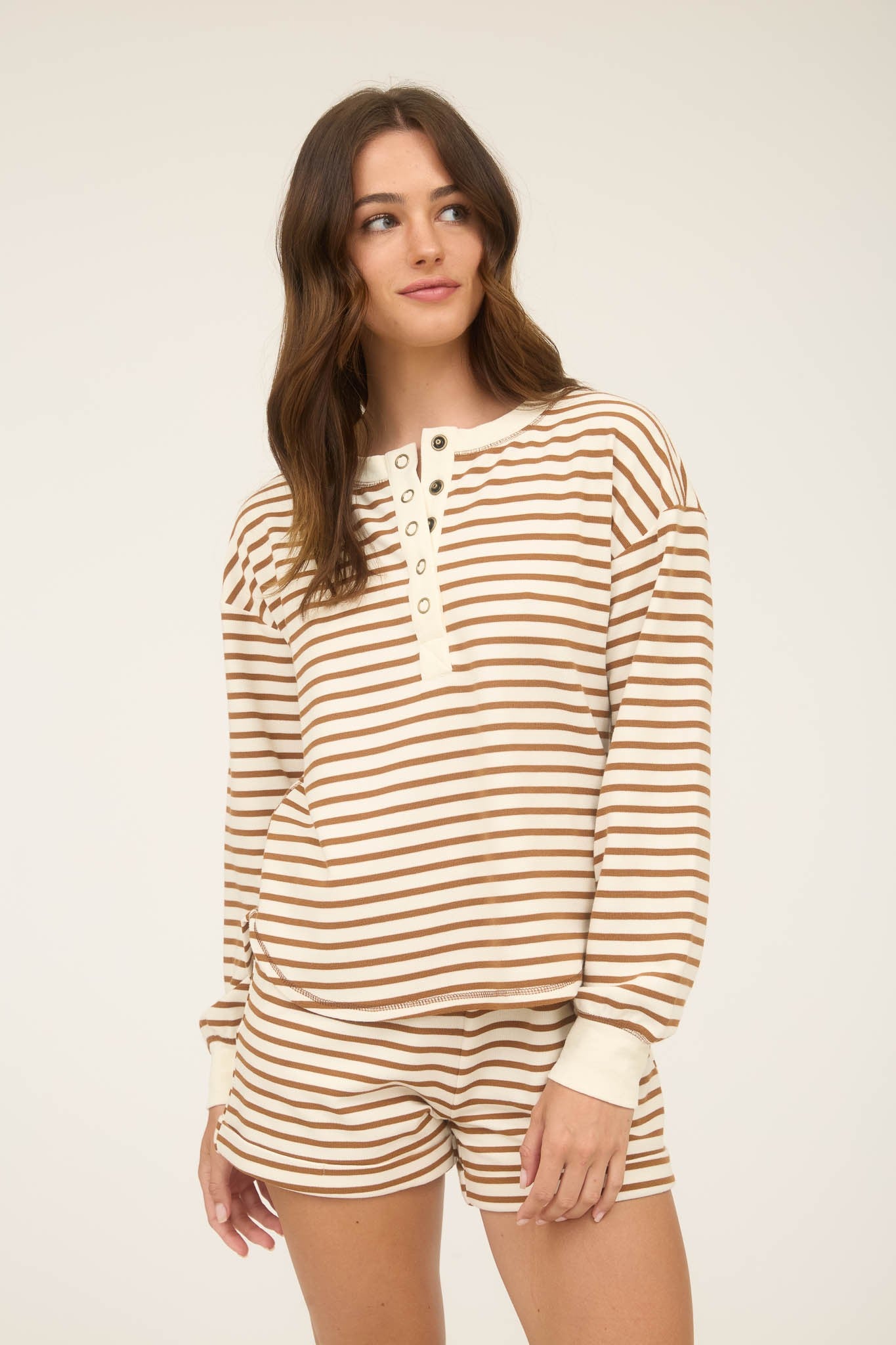 Brown Stripe Henley Long Sleeve Top