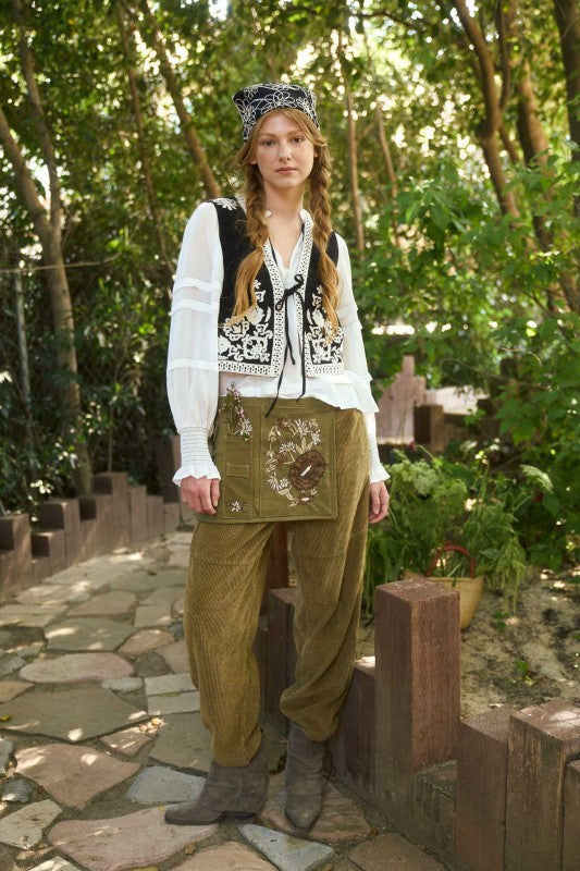 Black Embroidery Front Tie Vest