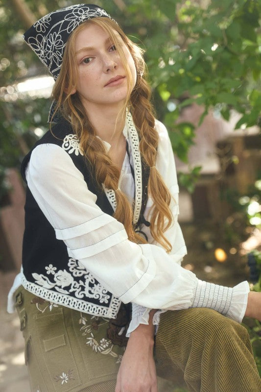 Black Embroidery Front Tie Vest