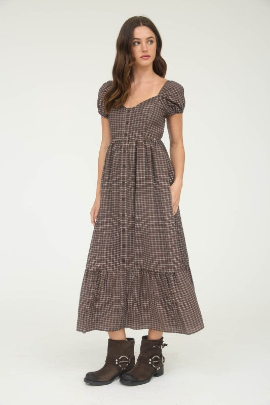 Brown Plaid Button Down Maxi Dress