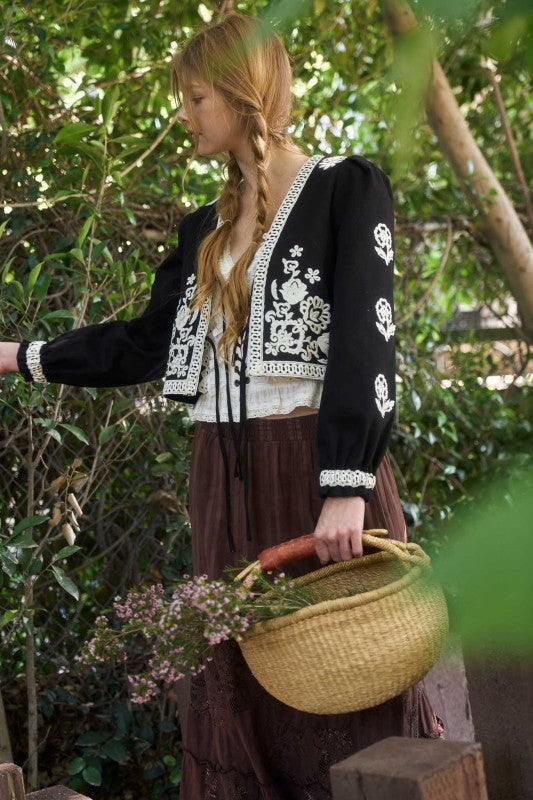 Black Embroidery Front Tie Jacket