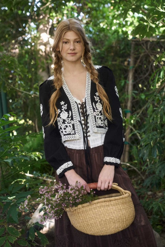 Black Embroidery Front Tie Jacket