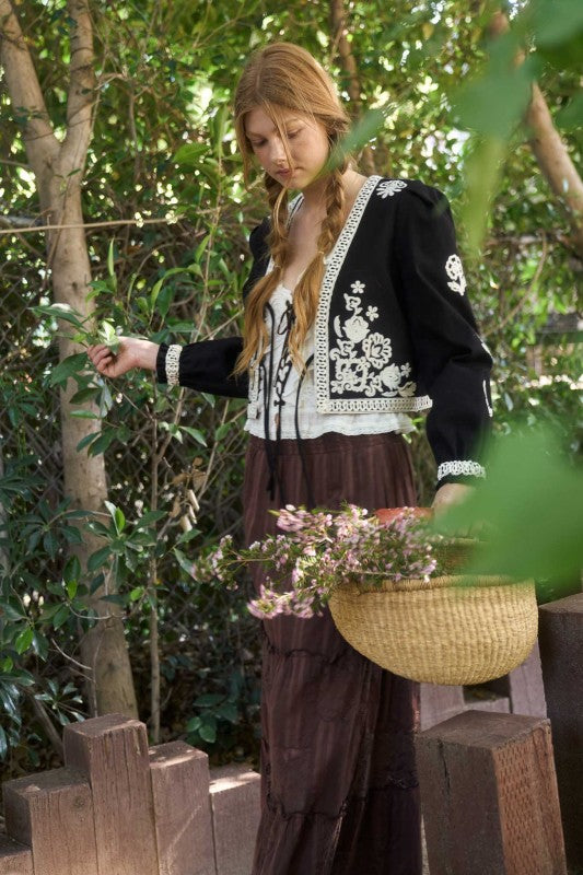 Black Embroidery Front Tie Jacket