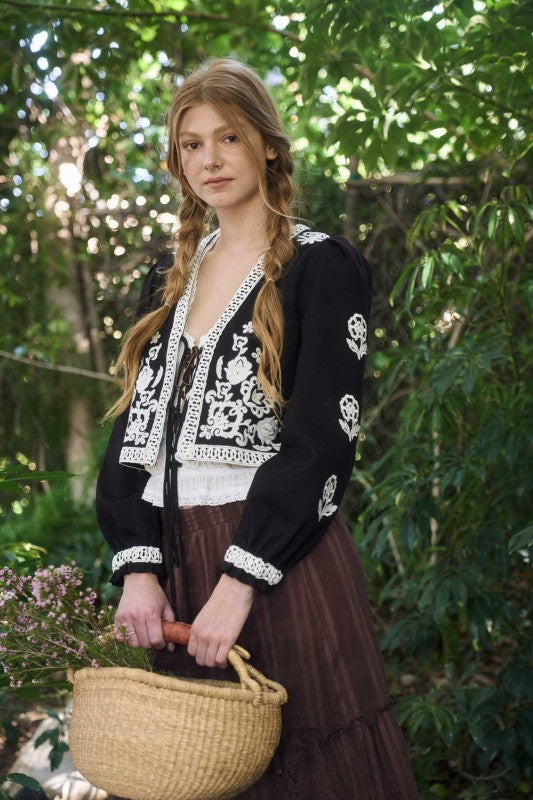 Black Embroidery Front Tie Jacket