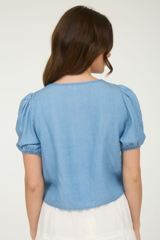 Chambray Scallop Trim Button Down Top