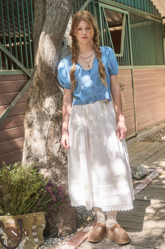 Chambray Scallop Trim Button Down Top