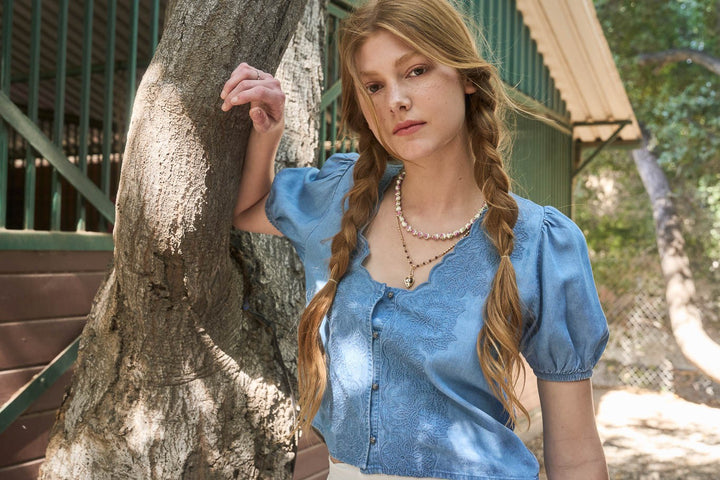 Chambray Scallop Trim Button Down Top