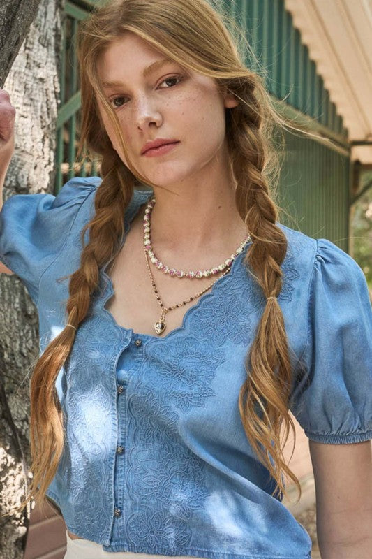 Chambray Scallop Trim Button Down Top