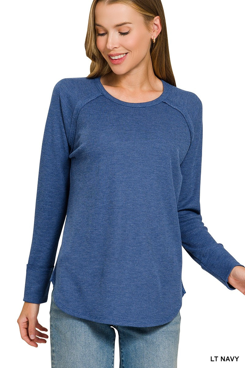 Light Navy Waffle Long Sleeve Top