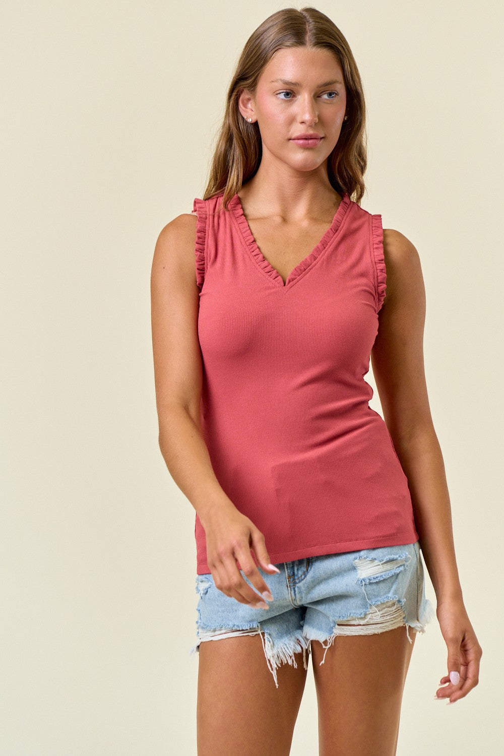 Burnt Sienna Frill V-Neck Top
