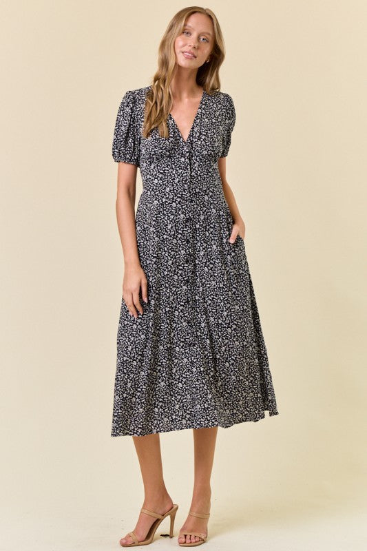 Black Ditsy Midi Floral Dress