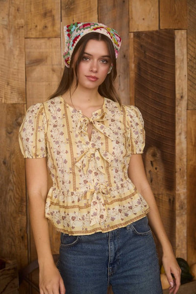 Yellow Floral Stripe Front Tie Blouse