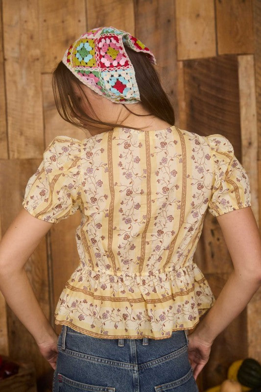 Yellow Floral Stripe Front Tie Blouse