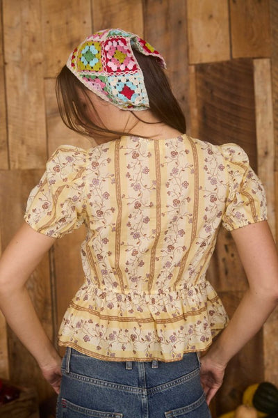 Yellow Floral Stripe Front Tie Blouse