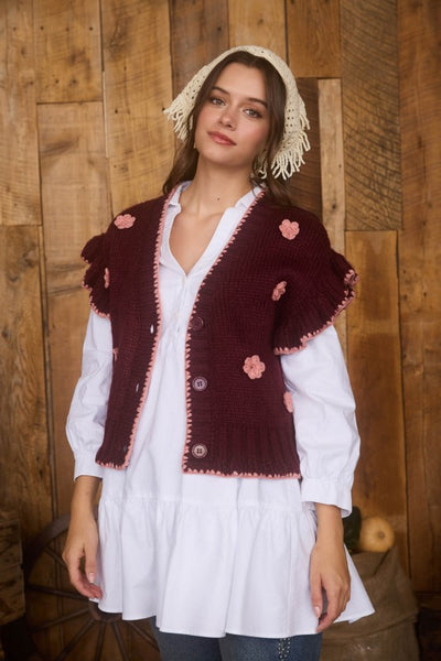 Burgundy Crochet Floral Knit Cardigan