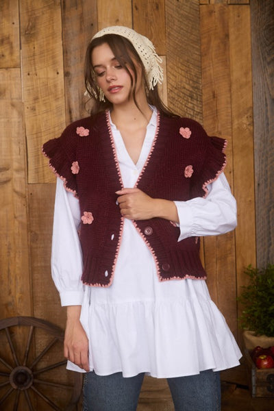 Burgundy Crochet Floral Knit Cardigan