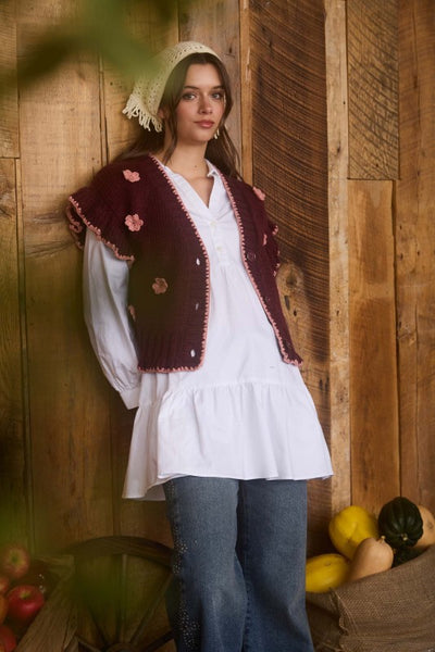Burgundy Crochet Floral Knit Cardigan