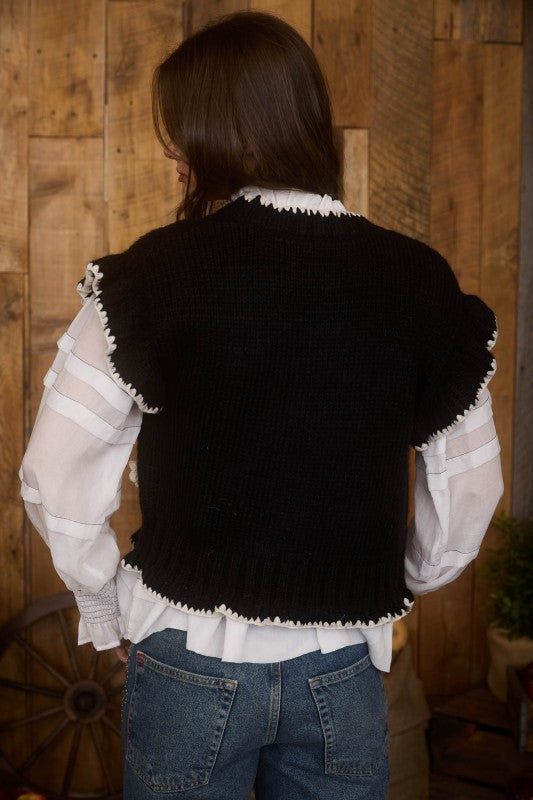 Black Crochet Floral Knit Cardigan