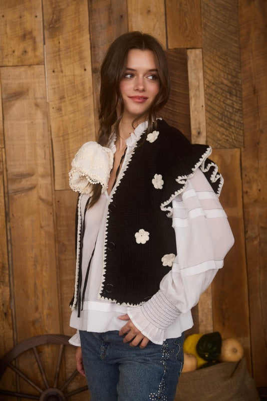 Black Crochet Floral Knit Cardigan