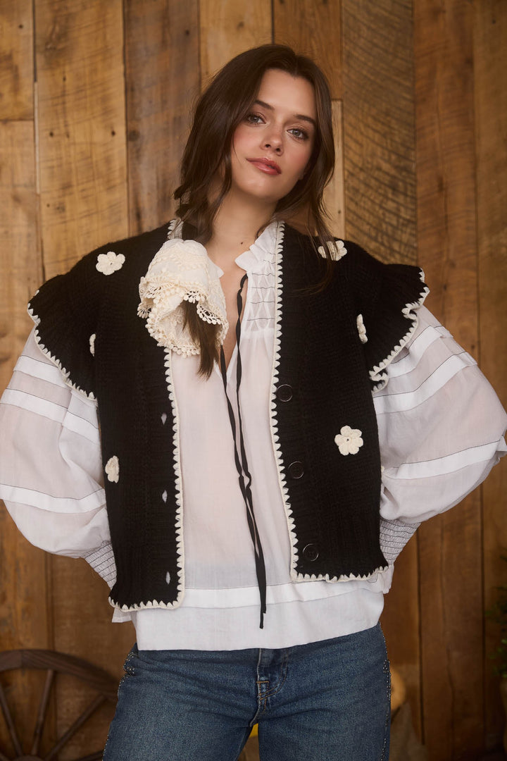 Black Crochet Floral Knit Cardigan