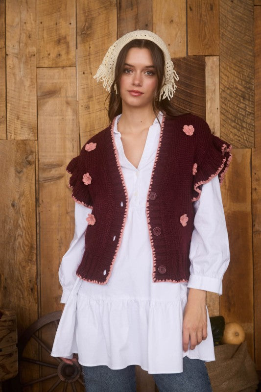 Burgundy Crochet Floral Knit Cardigan