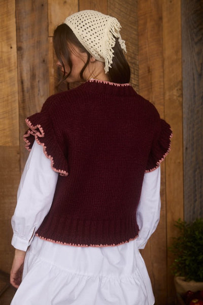 Burgundy Crochet Floral Knit Cardigan