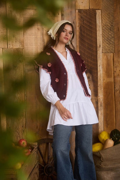 Burgundy Crochet Floral Knit Cardigan
