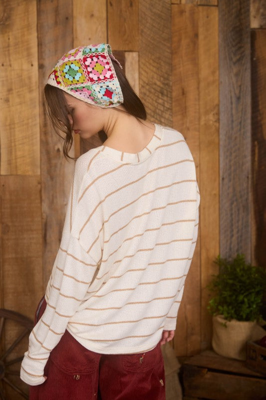 Cream Stripe Long Sleeve Knit Top
