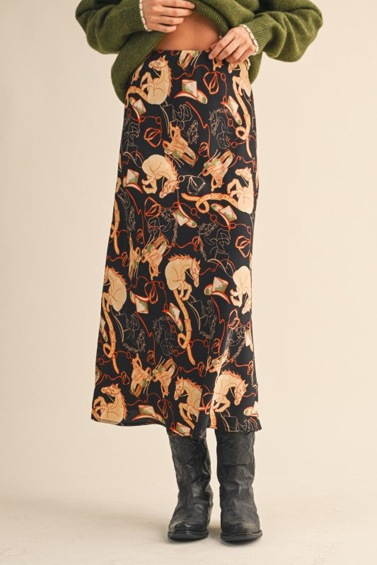 Western Print Satin Midi Slip Skirt