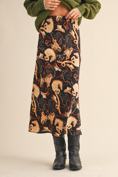 Western Print Satin Midi Slip Skirt