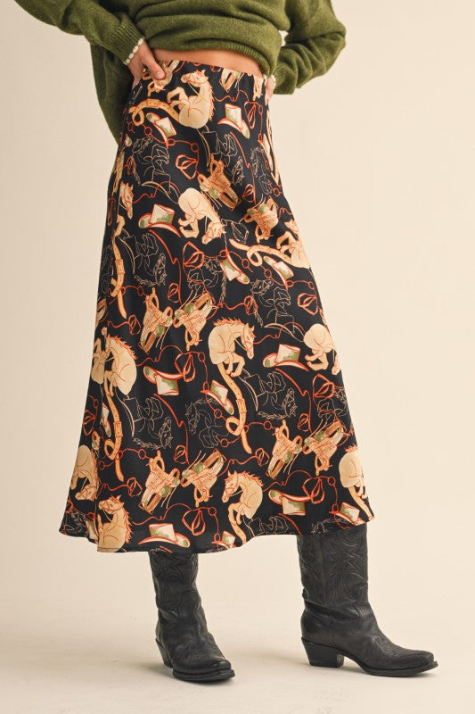 Western Print Satin Midi Slip Skirt