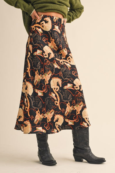 Western Print Satin Midi Slip Skirt