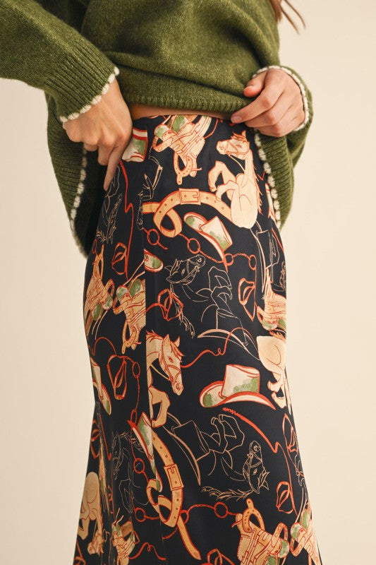 Western Print Satin Midi Slip Skirt