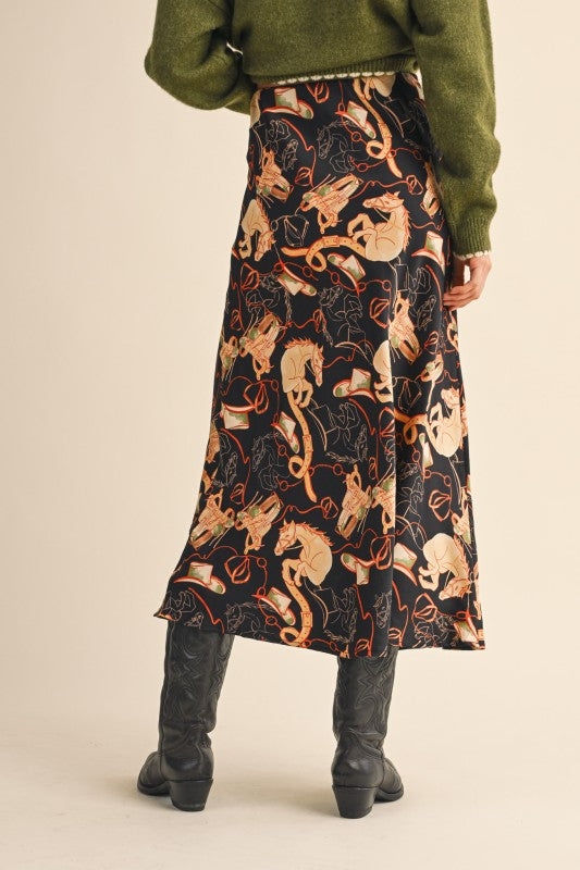 Western Print Satin Midi Slip Skirt