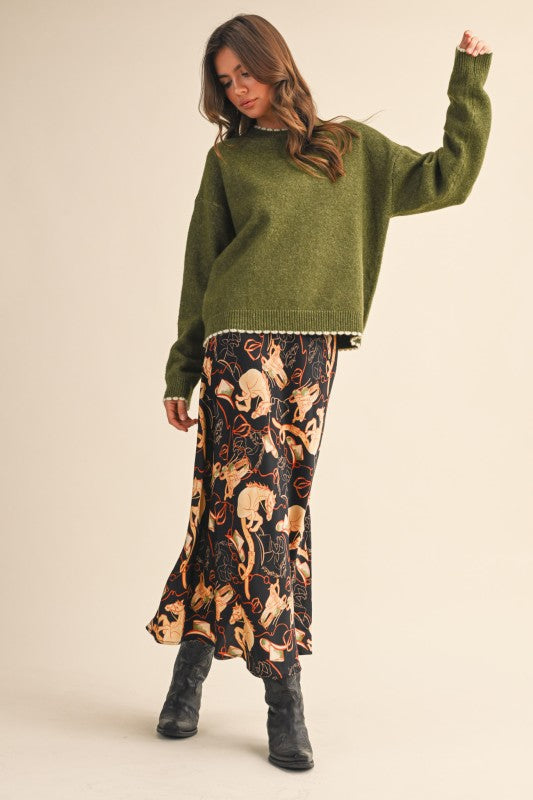 Western Print Satin Midi Slip Skirt