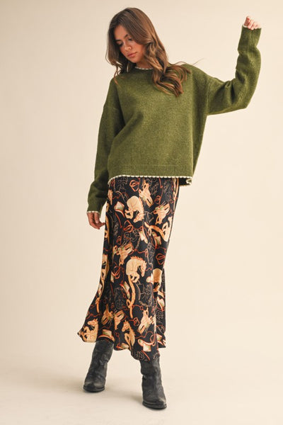 Western Print Satin Midi Slip Skirt