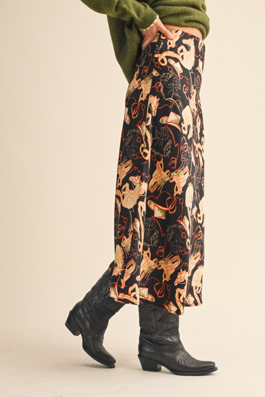 Western Print Satin Midi Slip Skirt